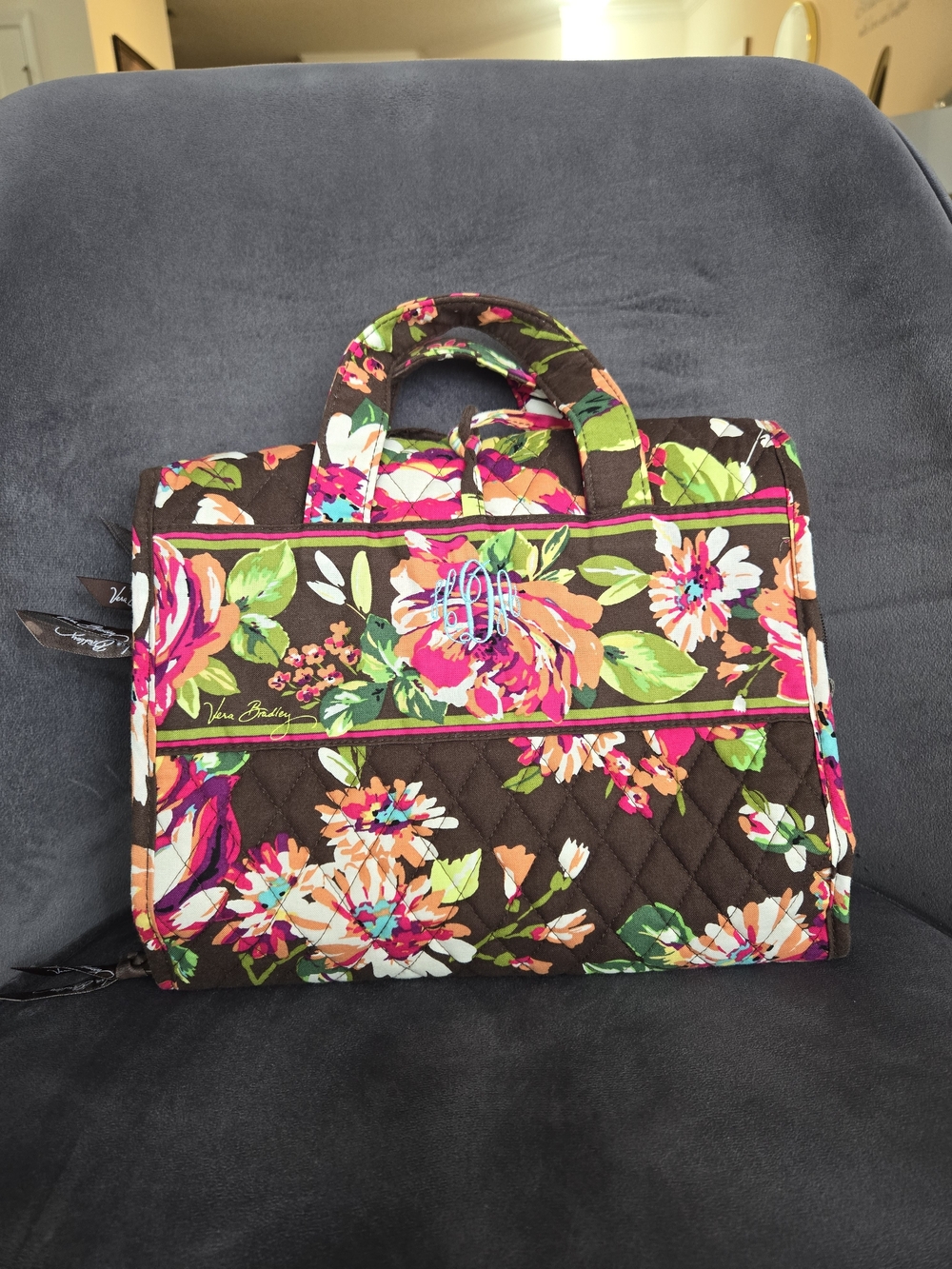 Vera Bradley Brown Quilted Floral Laptop Bag with Pink & Green Accents